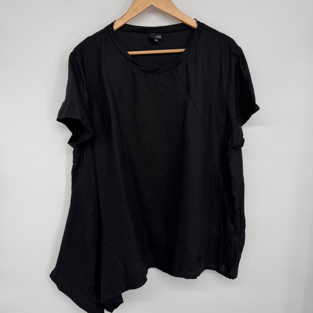 Lisa Bayne Black 100% Linen Asymmetrical Hem Short Sleeve Top XL Made in USA